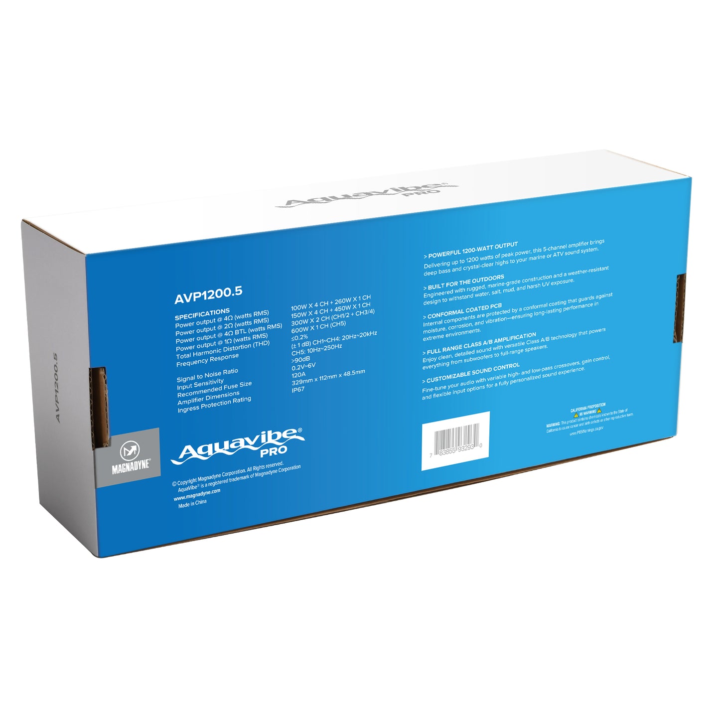 AquaVibe Pro 5-Channel Class D 1200-Watt Marine Amplifier IP67 Rated